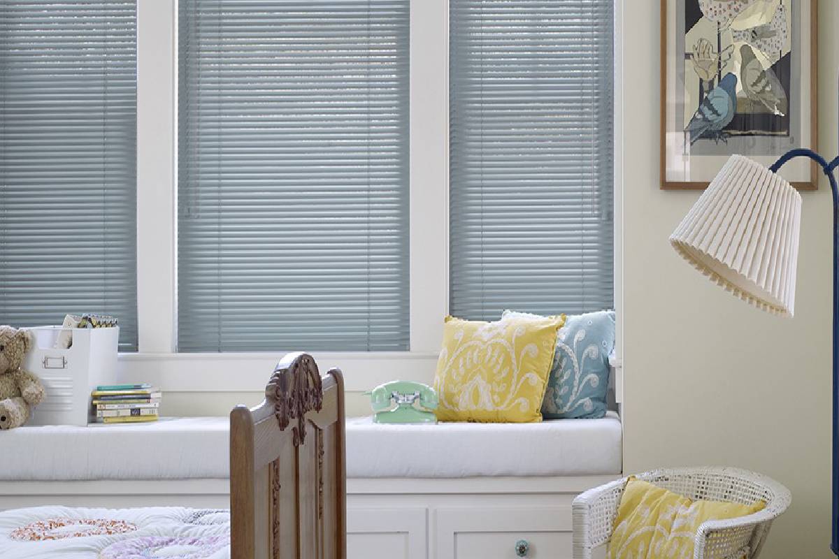 Alta Window Fashions Aluminum Blinds, metal blinds in a home office near Helena, Montana (MT)