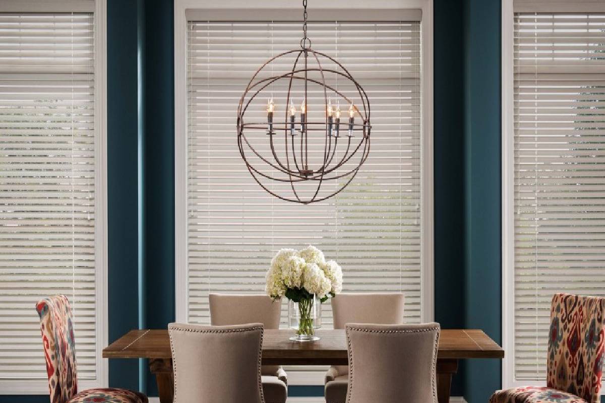 Alta Window Fashions Wood Blinds on a dining room window near Helena, Montana (MT)